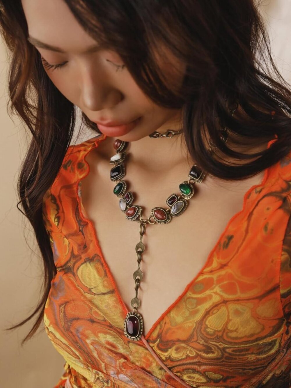 Bohemian Created Turquoise Beaded Y-Necklace, Turquoise-toned Multi-shaped Penda - Picture 5 of 8